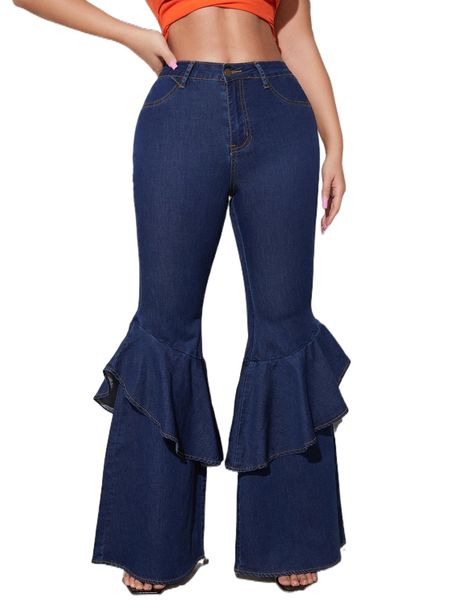 

high waist ruffle trim flared leg jeans p036#, Blue