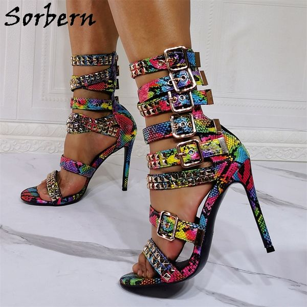 

sorbern colorful snake print women sandals buckle straps summer shoe rivets punk shoe, Black