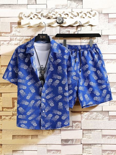 

men allover pineapple print shirt & shorts without tee b3a3#, Gray