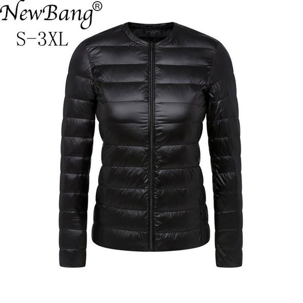 

bang brand ultra light down jacket women collarless coat with zipper feather outwear jacket women slim female windbreaker y201026, Black
