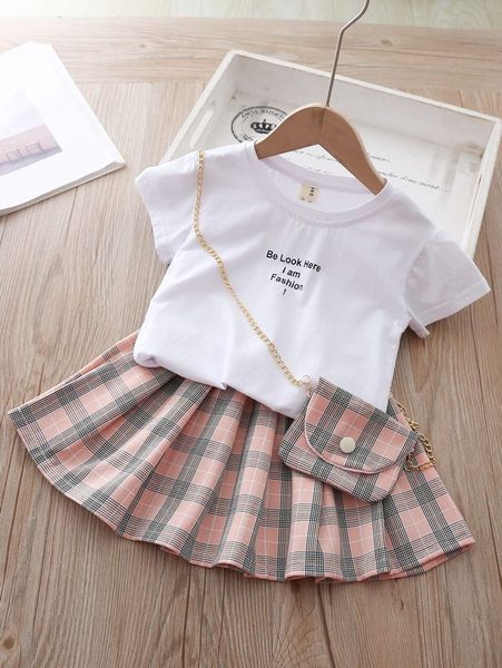

toddler girls slogan graphic tee & plaid skirt & bag she, White