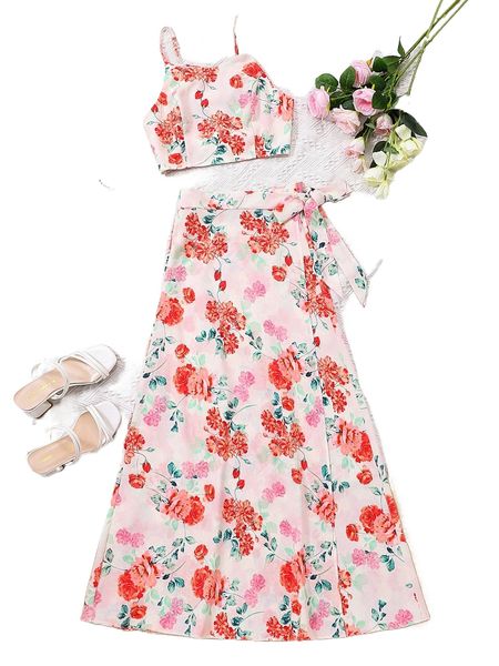 

floral print cami & wrap skirt set d24q#, White