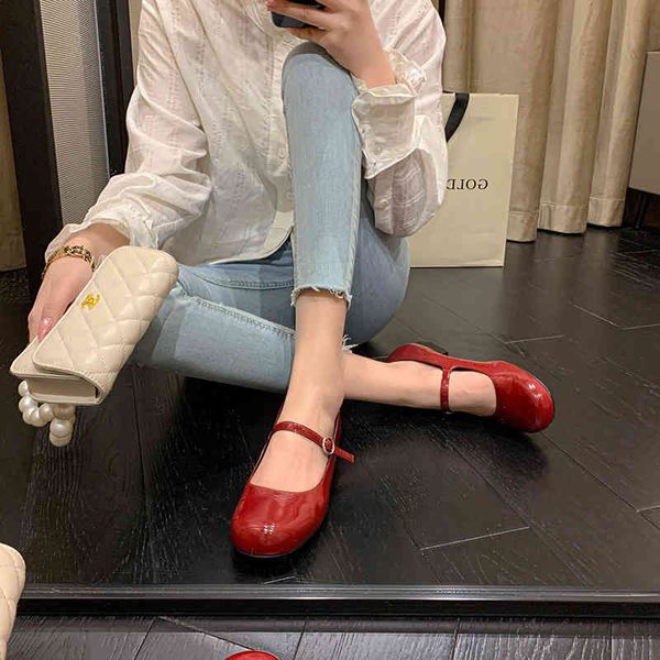 

boots thick heel flat sole single shoes women's round head shallow mouth one line buckle mary jane versatile french small red wphp, Black
