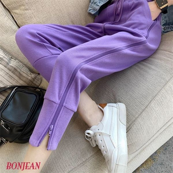 

new side zipper casual anklelength harajuku harem pants women summer high waist solid loose drawstring trousers 201012, Black;white