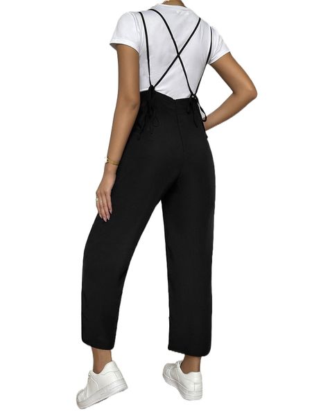 

crisscross knot back slant pockets jumpsuit without tee k9mu#, Black;white