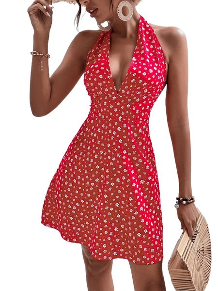 

ditsy floral print tie backless a-line dress j8kv#, Black;gray