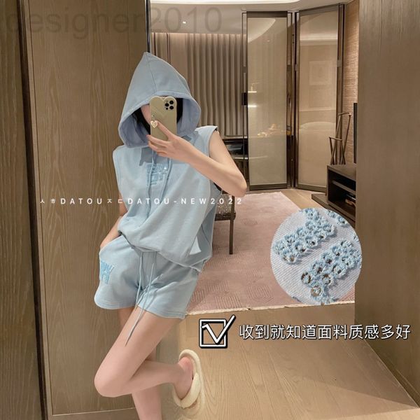

two piece dress designer king aw two piece suit sleeveless hooded vest drawstring elastic wide leg shorts fashion brand 29ot, White
