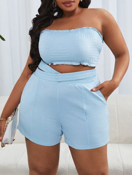

sxy plus solid frill trim shirred tube & shorts k7ao#, Black