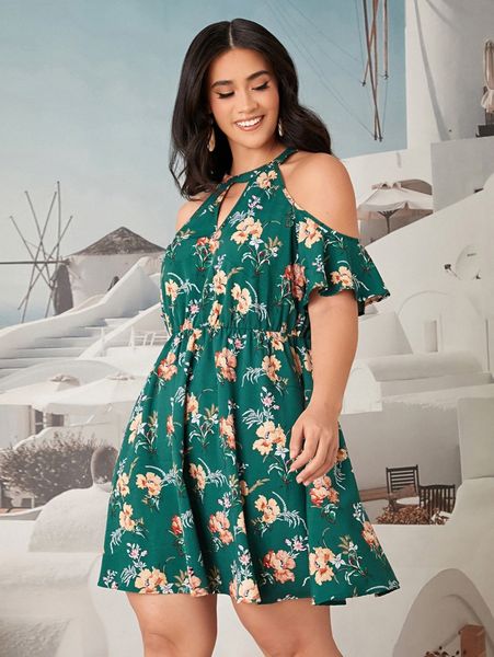 

plus floral print cold shoulder dress 48so#, Black