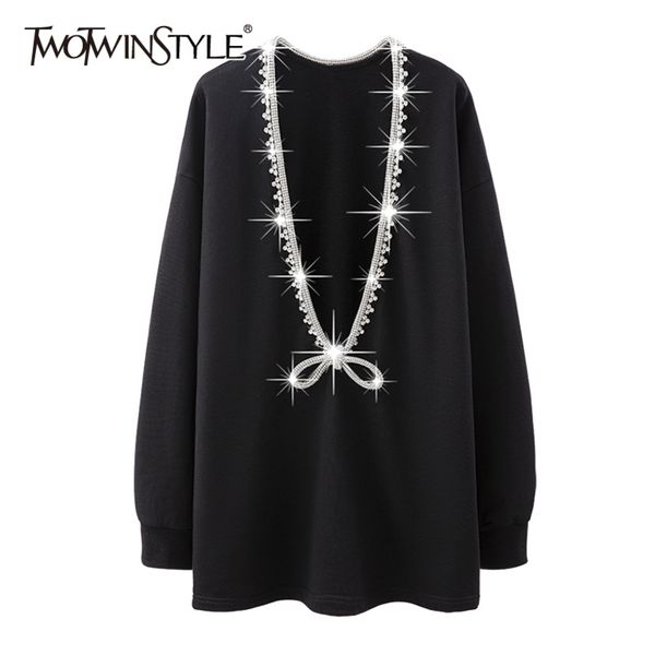 

backless patchwork diamond dress for women o neck long sleeve casual loose black dresses female fashion 210423, Black;gray