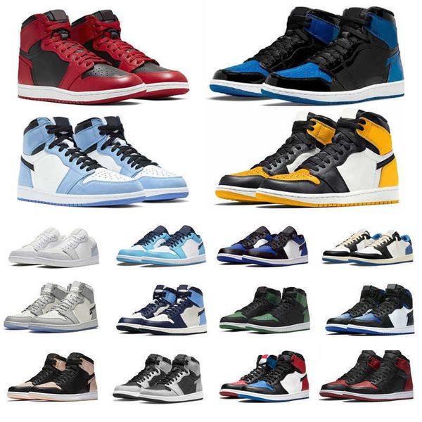 

jumpman 1 men women basketball shoes 1s bred patent yellow toe university blue dark mocha chicago outdoor mens trainers sports sneakers, Black