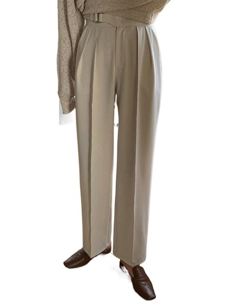 

dazy buckled waist plicated detail tailored pants g91u#, White;black