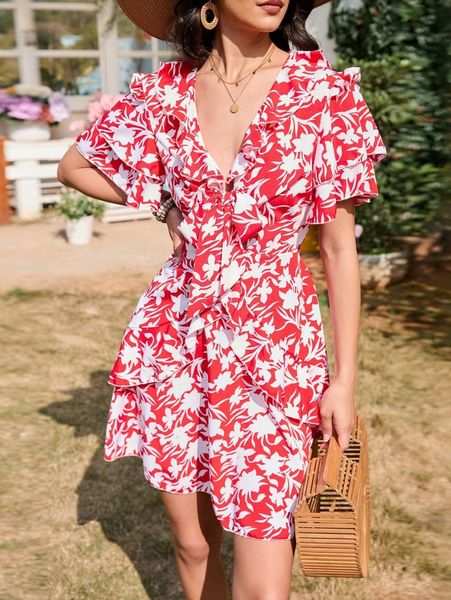 

floral print butterfly sleeve ruffle trim knot front dress f8uc#, Black;gray