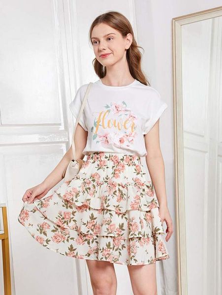 

teen girls letter & floral print tee & layered hem skirt set she, White