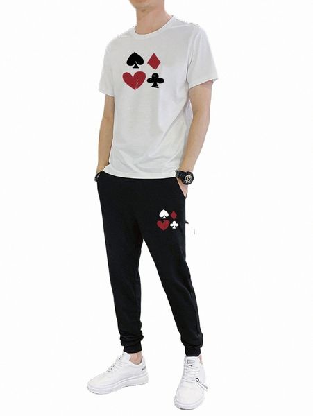 

men playing card print tee & drawstring waist sweatpants h9bz#, Gray