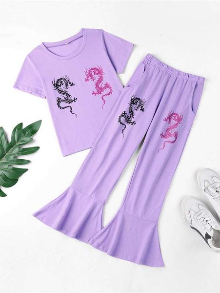 

girls chinese dragon print tee & flare leg pants she, White