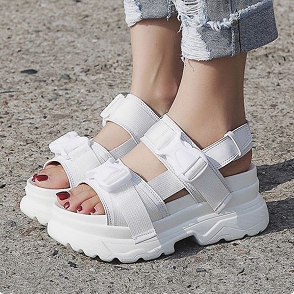 

summer women platform sandals fashion buckle design white 7cm increasing sandals thick sole casual platform shoes female 210306, Black