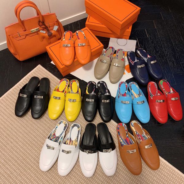 

2022 multi colors womens oz calfskin slip on mules leather kelly lock slides slippers low heel flat loafer backless sandals beach shoes snea, Black