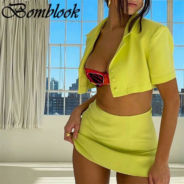 

bomblook fashion casual womens suit summer short sleeve crop zipper aline skirt set vetement femme streetwears 220527, White