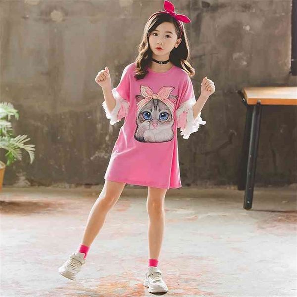 Mode Mädchen Tops Sommer Kinder Kleidung Cartoon Katze T Shirts für Kleinkind Baby Baumwolle Kurzarm Geburtstag Shirt 4 8 12 14T 210622