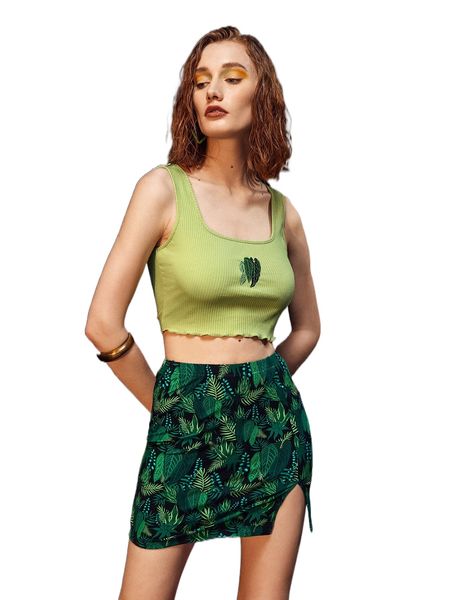 

x trif leaf embroidery lettuce trim crop tank & tropical print skirt g2v6#, White