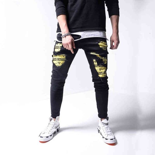 

men's jeans men's jeans youth hole slim patch printed casual leggings 8ner, Blue