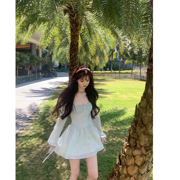

casual dresses spring 2022 net red same style versatile korean sweet dress blue short waist fish bone fbbw, Black;gray