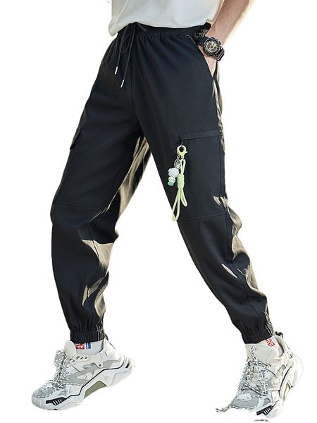 

men flap pocket side drawstring waist cargo pants with toy b85o#, Black