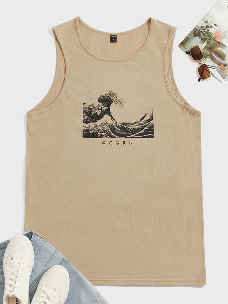 

men wave & japanese letter graphic tank i68m#, White;black