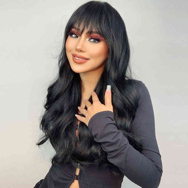 

nxy wigs tiny lana natural black long wavy synthetic wig with bangs for women body wave dark brown cosplay daily hair heat resistant220701, Black;brown
