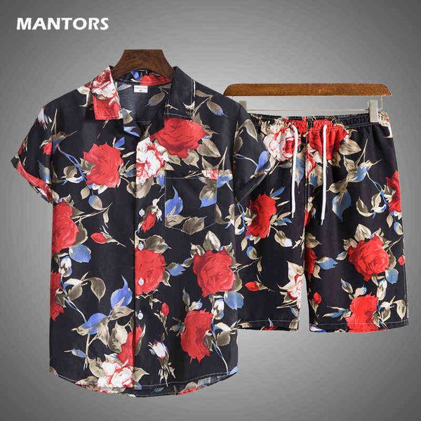 

2022 summer hawaii set short sleeve men s floral shirt shorts tracksuit s outfit casual two pieces printed clothes, Gray