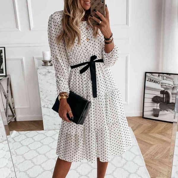 

women vintage polka dot sashes a-line party dress long sleeve o neck ruffled elegant boho dress 2021 summer new fashion dress t220804, Black;gray