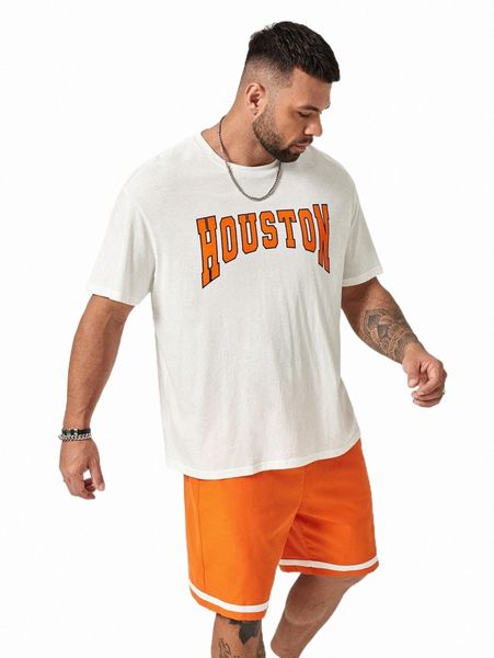 

extended sizes men letter graphic tee & drawstring waist shorts c2og#, Gray