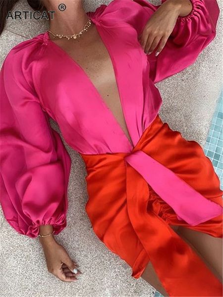 

articat deep v neck satin two piece set women long sleeve short skirt s matching casual partywear winter 220809, White