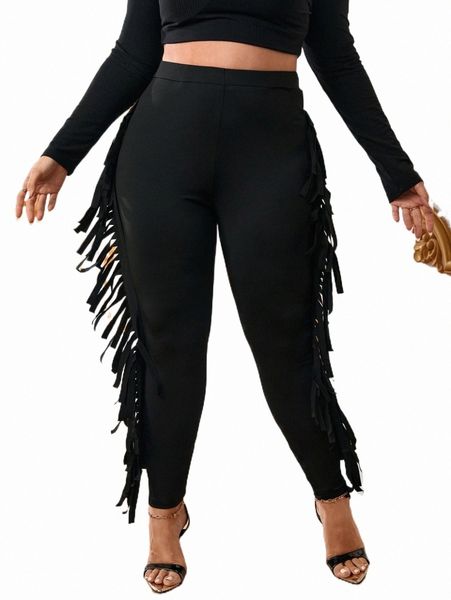 

plus fringe trim leggings v2g0#, Black