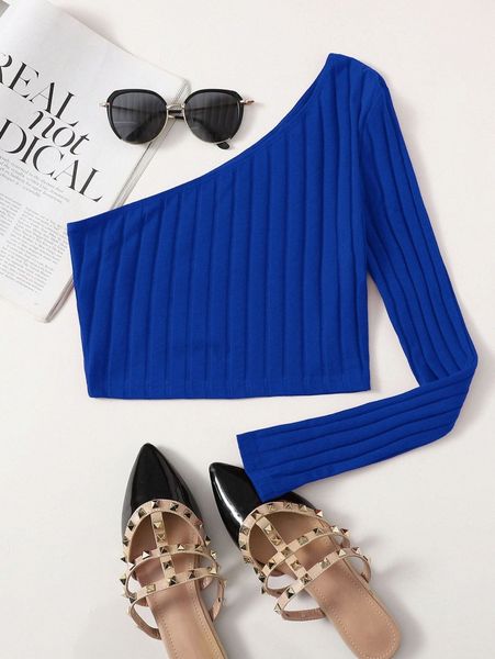 

one shoulder rib-knit crop e1uo#, White