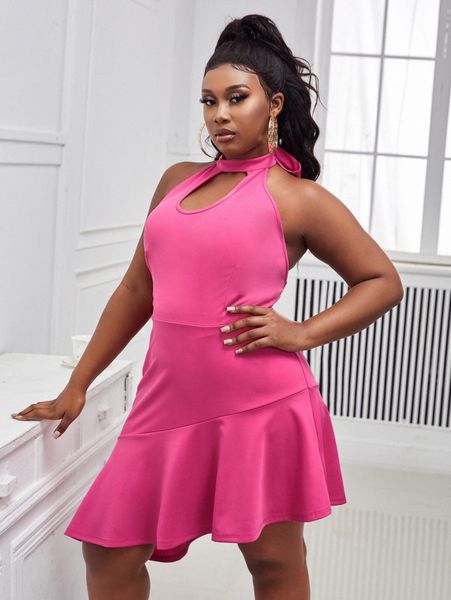 

sxy plus cut out halter neck backless ruffle hem dress a1cq#, Black