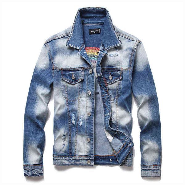 

2022 brand mens denim jacket mens casual loose vintage hole d2 denim coats rainbow embroidery hip hop street jean jacket, Black;brown