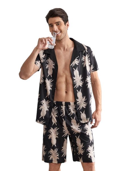 

men allover pineapple print pj set k1on#, Black;brown