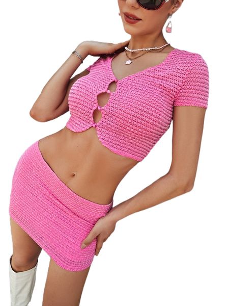 

button front crop & bodycon skirt 25ua#, White