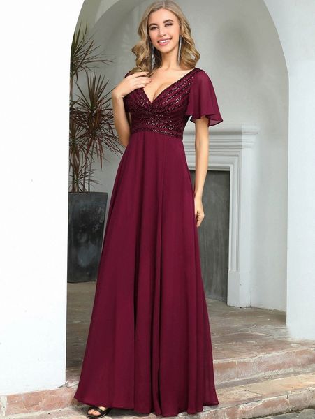 

ever-pretty flutter sleeve contrast sequin prom dress y5g0#, Black;gray