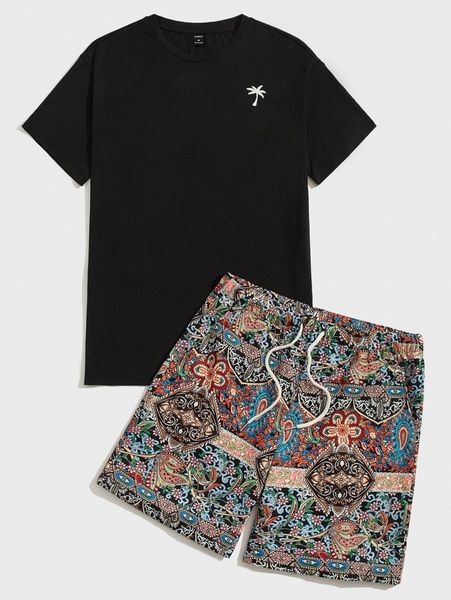 

men coconut tree print tee & paisley print shorts u4ni#, Gray