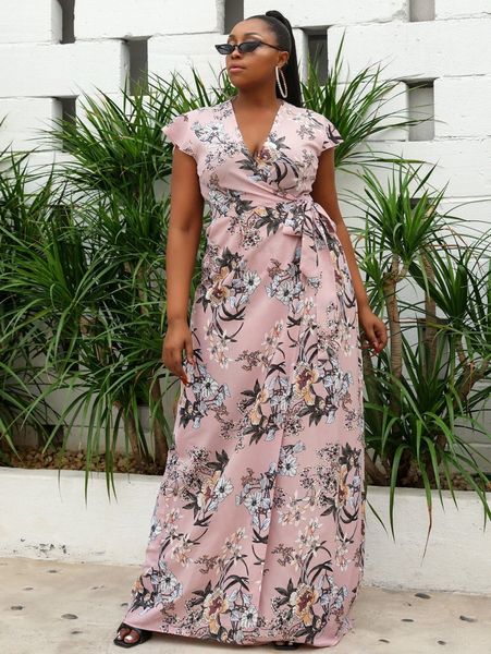 

seomiscky plus floral print ruffle armhole wrap belted dress o4jz#, Black