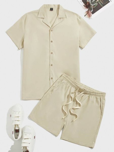 

men solid lapel collar shirt & drawstring waist shorts h65u#, Gray