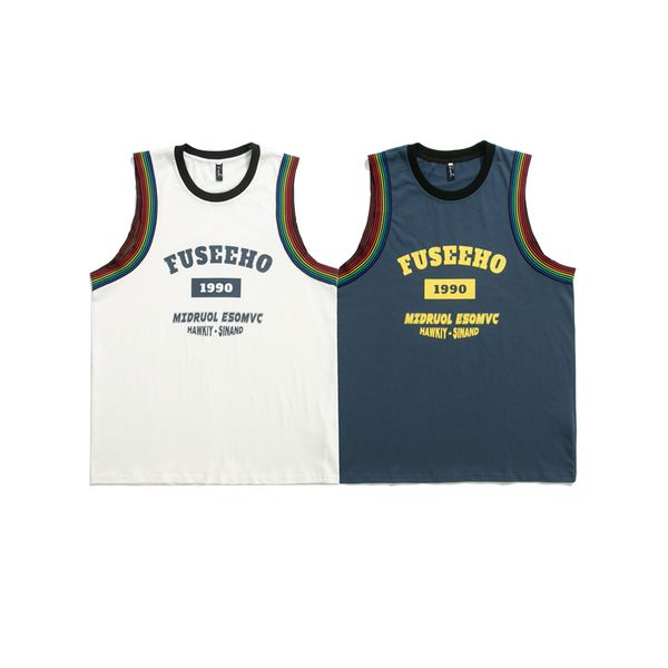 

22ss fuseeho 1990 new letter printed rainbow sleeveless tee splicing summer holiday travel beach vest breathable men women street t-shirt te, White;black