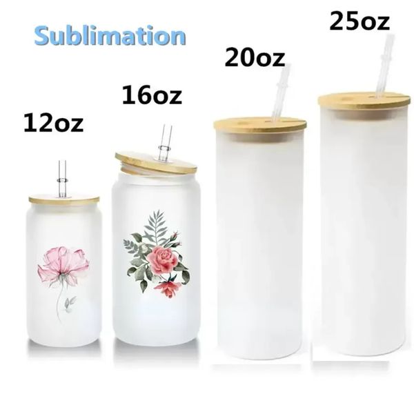 

12oz 16oz 20oz 25oz sublimation glass can tumbler clear frosted jar with bamboo lid wide mouth beer cup festival party wine tumblers