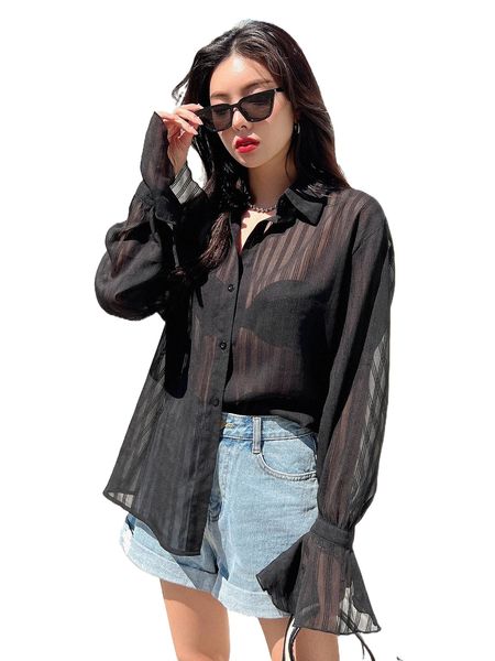 

dazy striped flounce sleeve semi-sheer mesh blouse without bra a63i#, White
