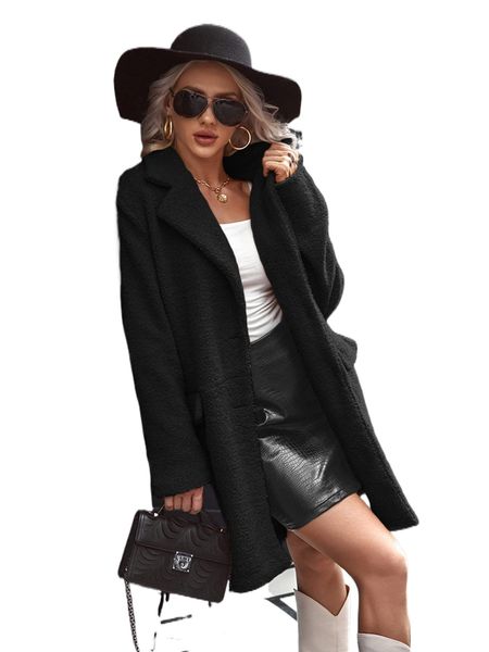 

lapel collar button front teddy coat c5hx#, Black