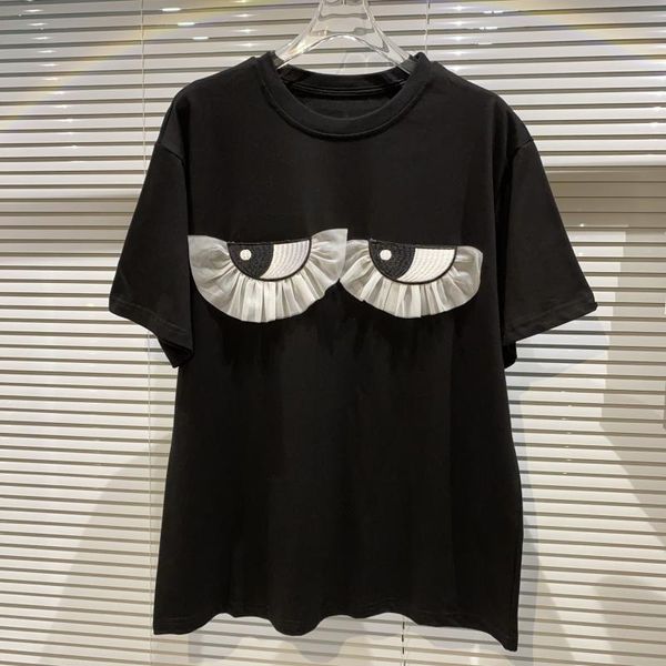 T-shirt da donna Casual Chic Mesh Ruffles Cartoon Big Eyes Immagine O-Collo T-shirt da ragazza Streetwear Donna Estate Manica corta Tee TopDonna