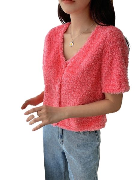 

dazy button front fuzzy tee t7cz#, White